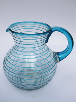 New Items / 'Aqua Blue Spiral' blown glass pitcher / This pitcher is a work of art by itself. Its aqua blue swirls add a beautiful touch to the design.